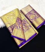 green woven kanchipuram silk blend saree with blouse piece