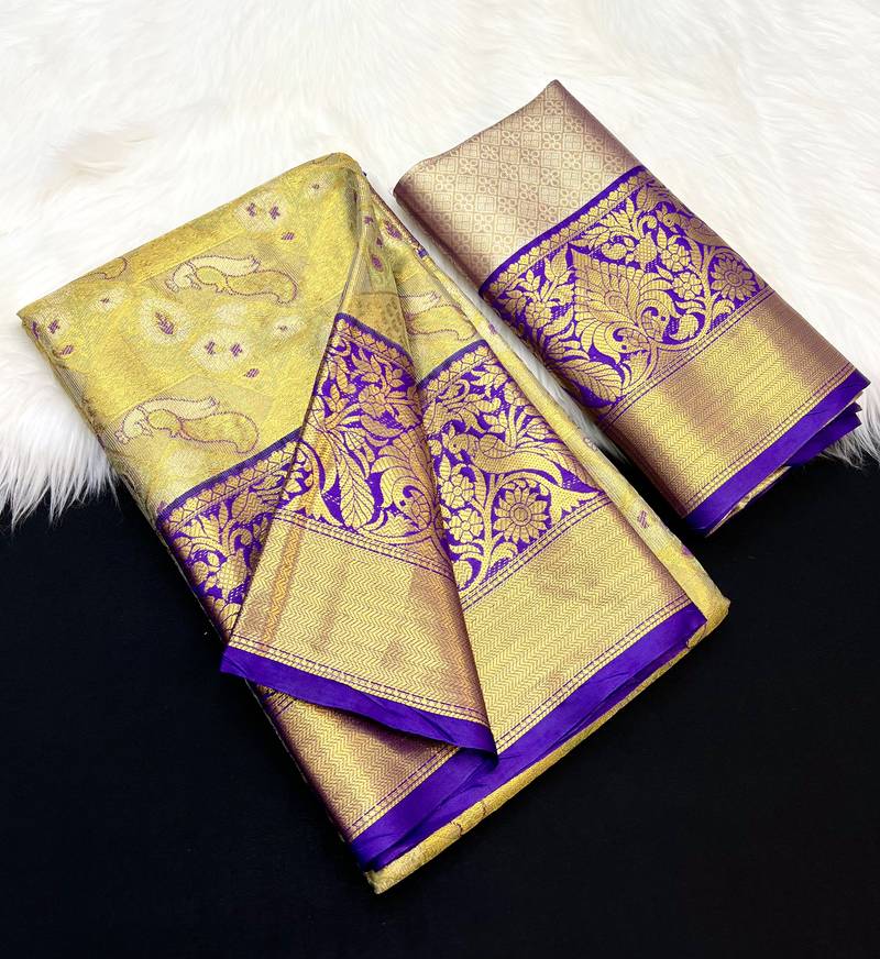 green woven kanchipuram silk blend saree with blouse piece