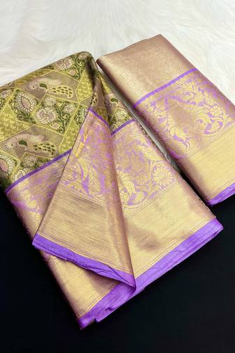 green woven kanchipuram silk blend saree with blouse piece