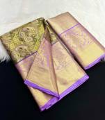 green woven kanchipuram silk blend saree with blouse piece