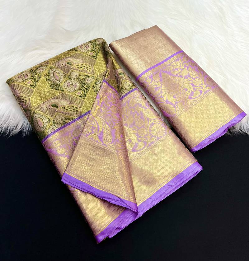 green woven kanchipuram silk blend saree with blouse piece
