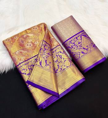 magenta woven kanchipuram silk blend saree with blouse piece 1