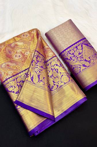 magenta woven kanchipuram silk blend saree with blouse piece