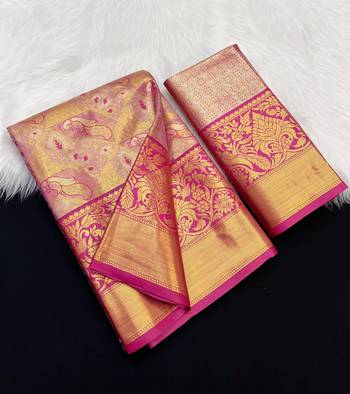 pink woven kanchipuram silk blend saree with blouse piece 1
