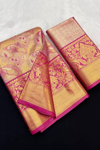 pink woven kanchipuram silk blend saree with blouse piece