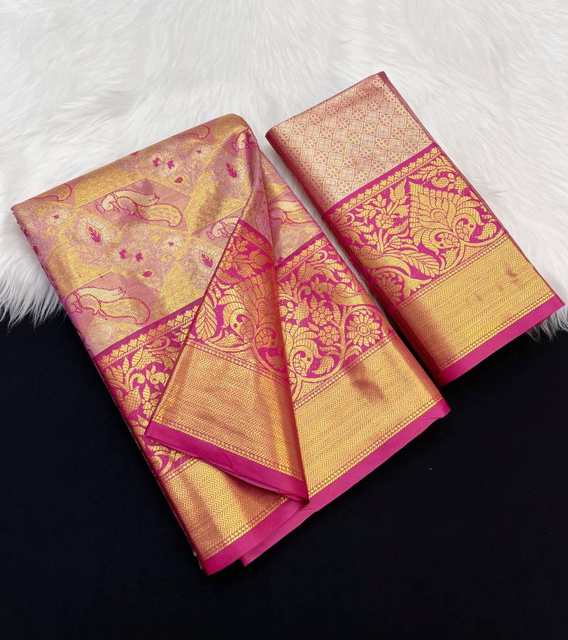 pink woven kanchipuram silk blend saree with blouse piece