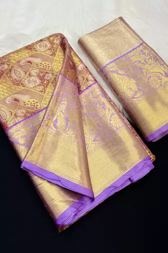 pink woven kanchipuram silk blend saree with blouse piece