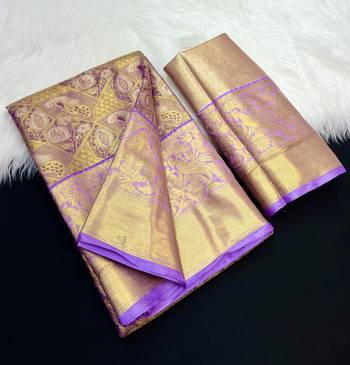 purple woven kanchipuram silk blend saree with blouse piece 1
