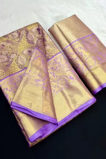 purple woven kanchipuram silk blend saree with blouse piece