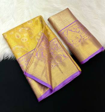 yellow woven kanchipuram silk blend saree with blouse piece 1