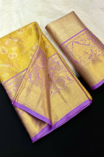 yellow woven kanchipuram silk blend saree with blouse piece