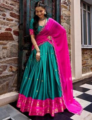 Aesthetics Teal Green Silk Half Saree Lehenga With Embroidered Dupatta 1