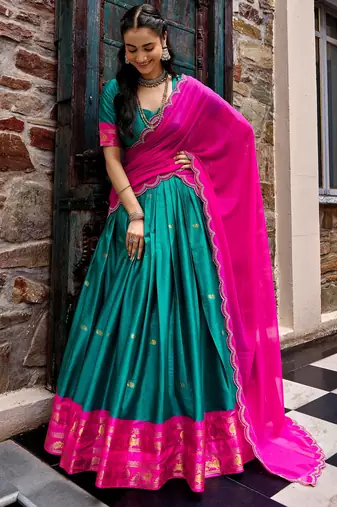 Aesthetics Teal Green Silk Half Saree Lehenga With Embroidered Dupatta