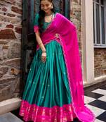 Aesthetics Teal Green Silk Half Saree Lehenga With Embroidered Dupatta