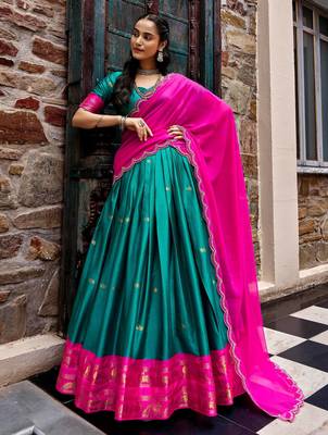 Aesthetics Teal Green Silk Half Saree Lehenga With Embroidered Dupatta 2