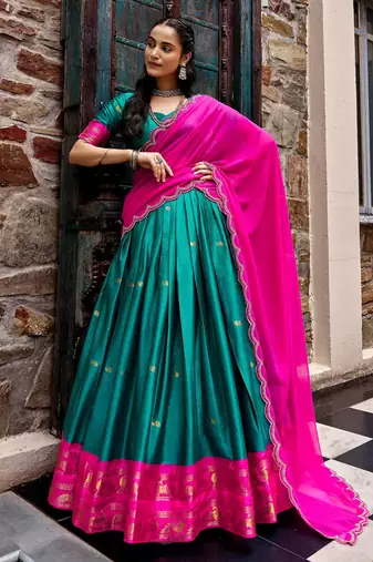 Aesthetics Teal Green Silk Half Saree Lehenga With Embroidered Dupatta