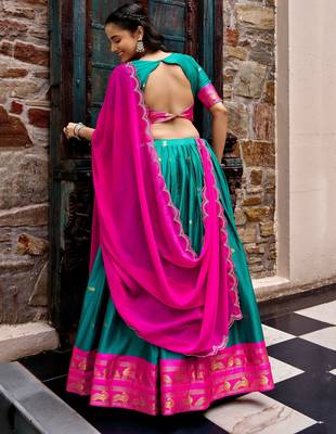 Aesthetics Teal Green Silk Half Saree Lehenga With Embroidered Dupatta 3
