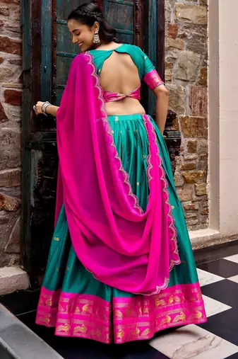 Aesthetics Teal Green Silk Half Saree Lehenga With Embroidered Dupatta
