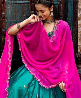 Aesthetics Teal Green Silk Half Saree Lehenga With Embroidered Dupatta 4
