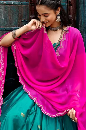 Aesthetics Teal Green Silk Half Saree Lehenga With Embroidered Dupatta