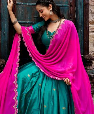Aesthetics Teal Green Silk Half Saree Lehenga With Embroidered Dupatta 5