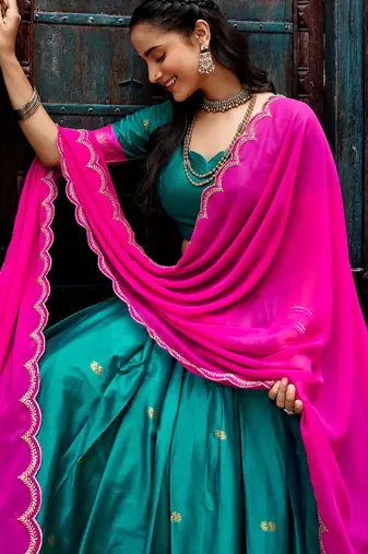 Aesthetics Teal Green Silk Half Saree Lehenga With Embroidered Dupatta