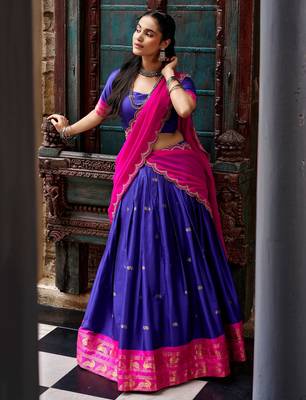 Classic Navy Blue Zari Weaving Silk Traditional Half Saree Lehenga 1