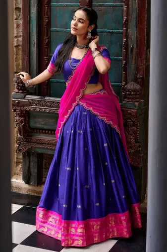 Classic Navy Blue Zari Weaving Silk Traditional Half Saree Lehenga