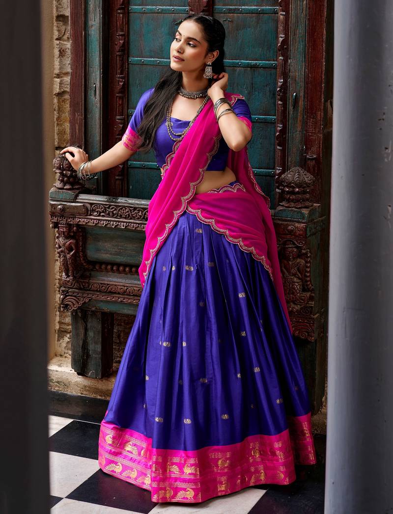 Classic Navy Blue Zari Weaving Silk Traditional Half Saree Lehenga