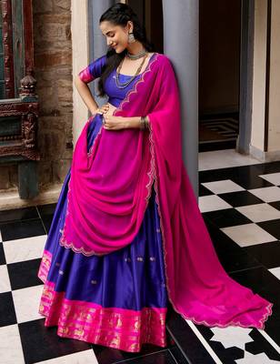 Classic Navy Blue Zari Weaving Silk Traditional Half Saree Lehenga 2