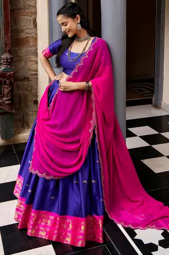 Classic Navy Blue Zari Weaving Silk Traditional Half Saree Lehenga