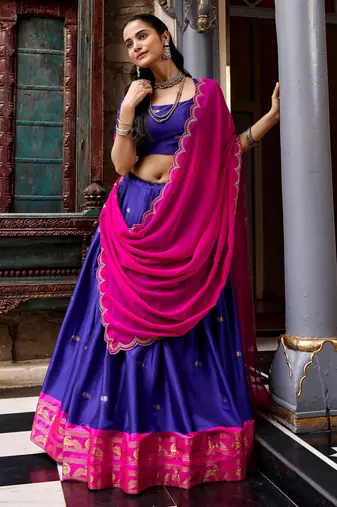 Classic Navy Blue Zari Weaving Silk Traditional Half Saree Lehenga