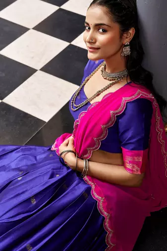 Classic Navy Blue Zari Weaving Silk Traditional Half Saree Lehenga