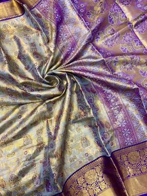blue woven kanchipuram silk blend saree with blouse piece 3