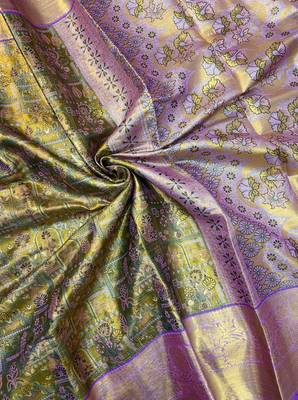 olive green woven kanchipuram silk blend saree with blouse piece 3