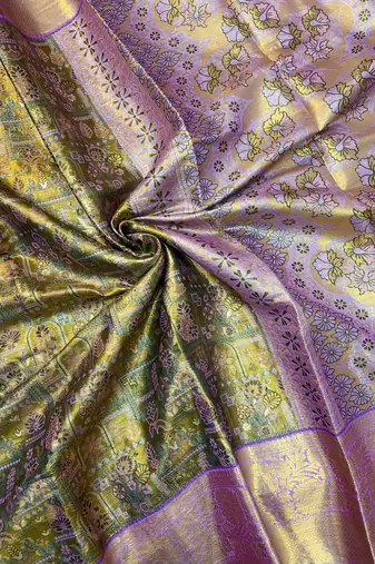 olive green woven kanchipuram silk blend saree with blouse piece
