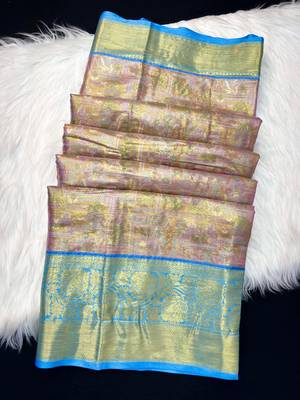 pink woven kanchipuram silk blend saree with blouse piece 2