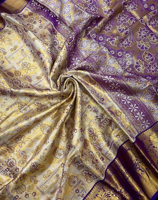 cream woven kanchipuram silk blend saree with blouse piece 3