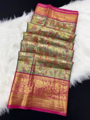 olive green woven kanchipuram silk blend saree with blouse piece 2