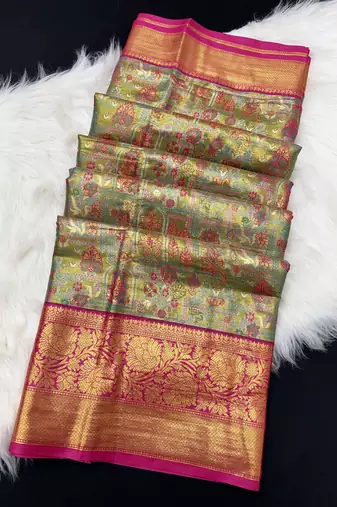 olive green woven kanchipuram silk blend saree with blouse piece