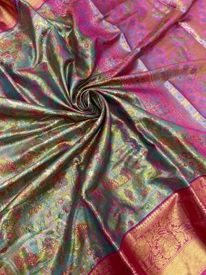 olive green woven kanchipuram silk blend saree with blouse piece 3