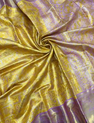 yellow woven kanchipuram silk blend saree with blouse piece 3