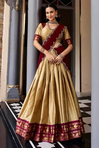 Magnificent Beige Zari Woven Silk Festive Wear Half Saree Lehenga
