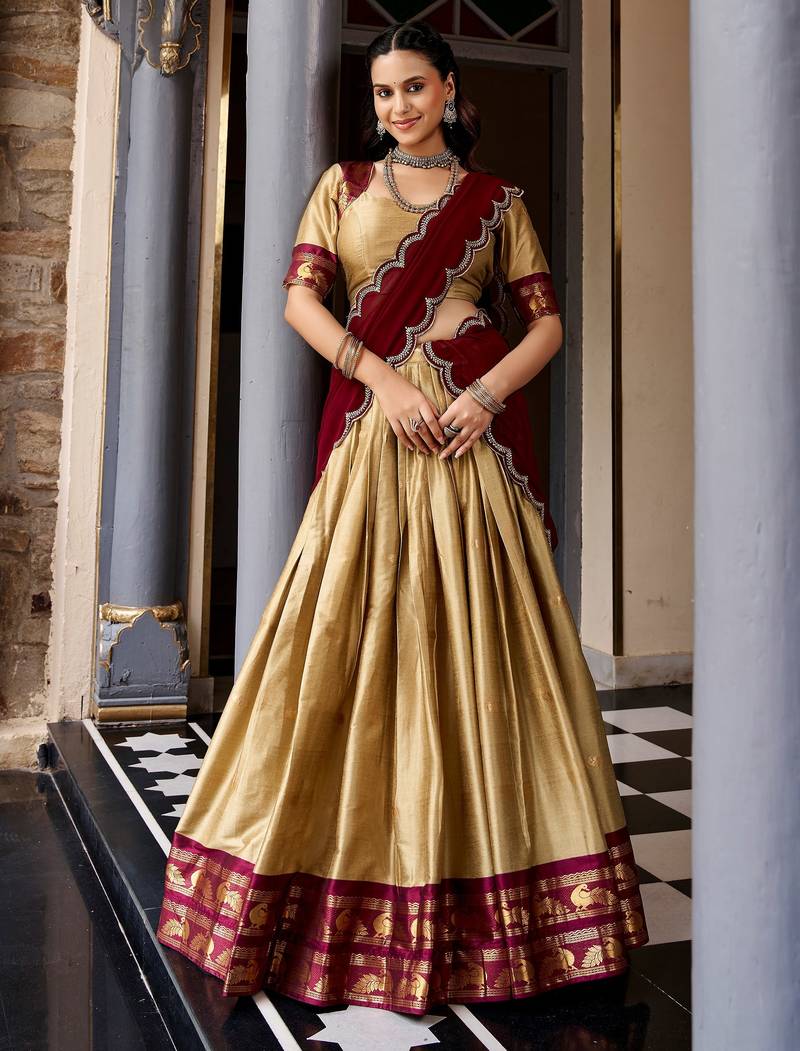 Magnificent Beige Zari Woven Silk Festive Wear Half Saree Lehenga