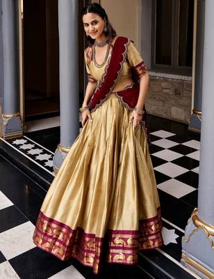 Magnificent Beige Zari Woven Silk Festive Wear Half Saree Lehenga 2