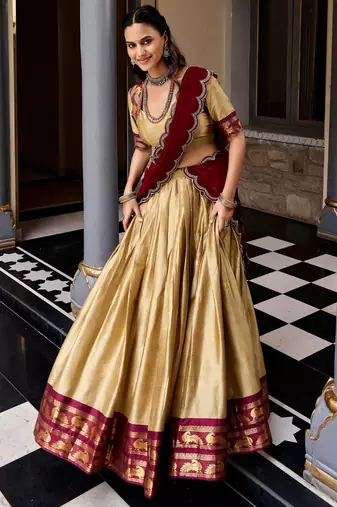 Magnificent Beige Zari Woven Silk Festive Wear Half Saree Lehenga
