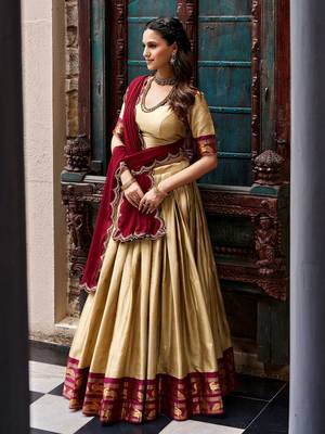 Magnificent Beige Zari Woven Silk Festive Wear Half Saree Lehenga 3