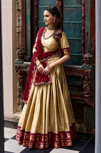 Magnificent Beige Zari Woven Silk Festive Wear Half Saree Lehenga