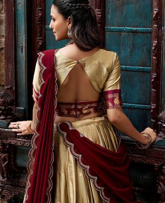 Magnificent Beige Zari Woven Silk Festive Wear Half Saree Lehenga 4