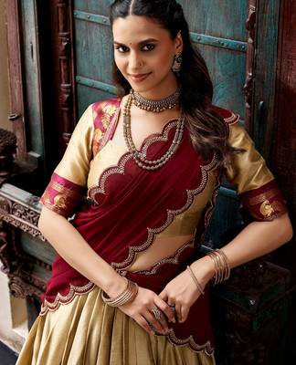 Magnificent Beige Zari Woven Silk Festive Wear Half Saree Lehenga 5
